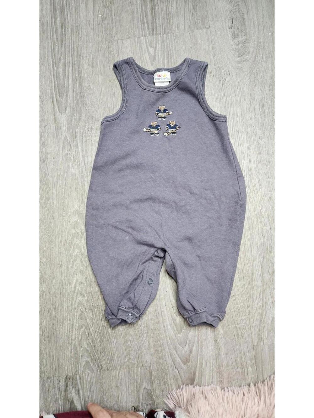 VTG Carter's Romper Baby 3-6 Months Gray Sleeveless Hockey Bear Cotton One Piece